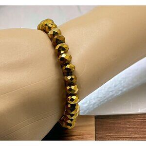 Gold Tone Faceted Bead Stretch Bracelet Vintage Metallic Beads